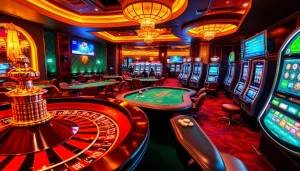 Winning moments at rik vip in a luxurious casino setting with poker tables and roulette wheels.