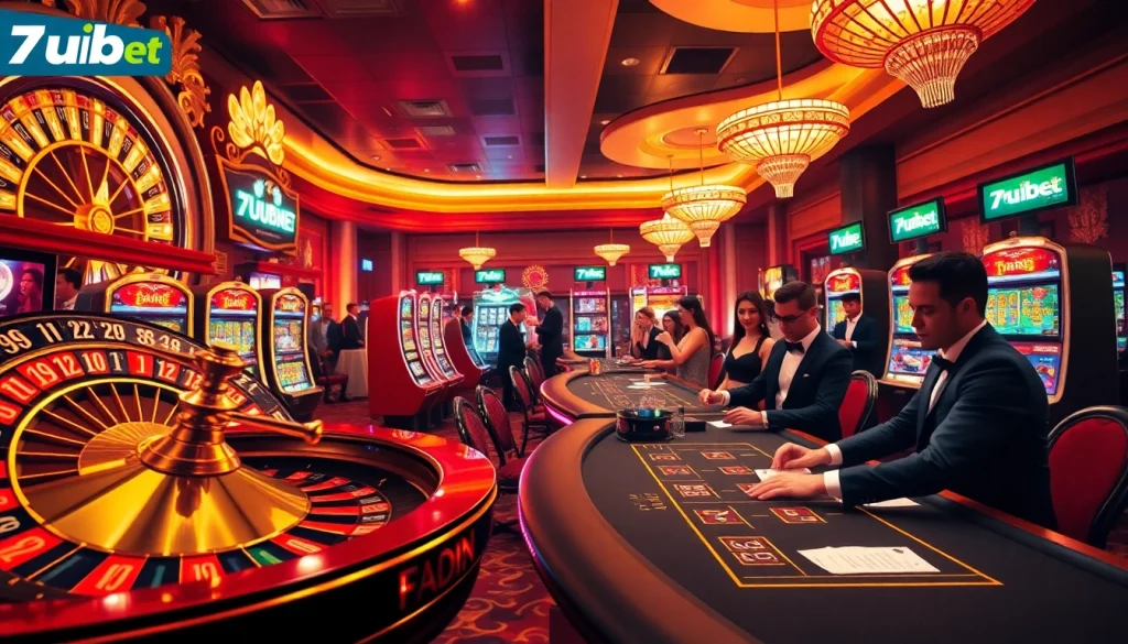 A dynamic casino scene with vibrant slot machines and poker tables featuring 7upbet branding.
