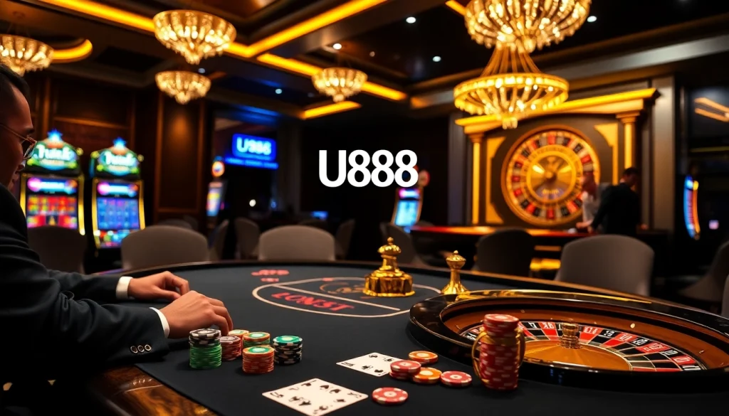 U888 players engage at an upscale poker table, showcasing vibrant chips and cards in a casino.