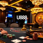 U888 players engage at an upscale poker table, showcasing vibrant chips and cards in a casino.