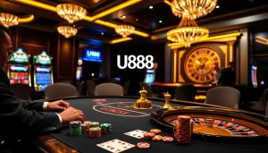 U888 players engage at an upscale poker table, showcasing vibrant chips and cards in a casino.