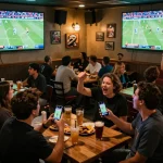 Exciting football stream Cakhiatv scene in a crowded sports bar with fans cheering