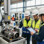 Engineers collaborating at Bosch Rexroth's facility, showcasing automation solutions and hydraulic technology.
