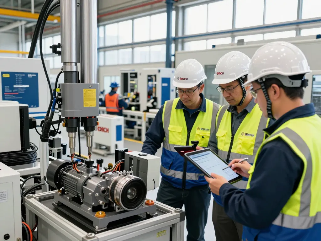 Engineers collaborating at Bosch Rexroth's facility, showcasing automation solutions and hydraulic technology.