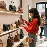 Youthful woman exploring fashionable 레플리카 사이트 bag options in a trendy boutique, showcasing urban style and luxury.