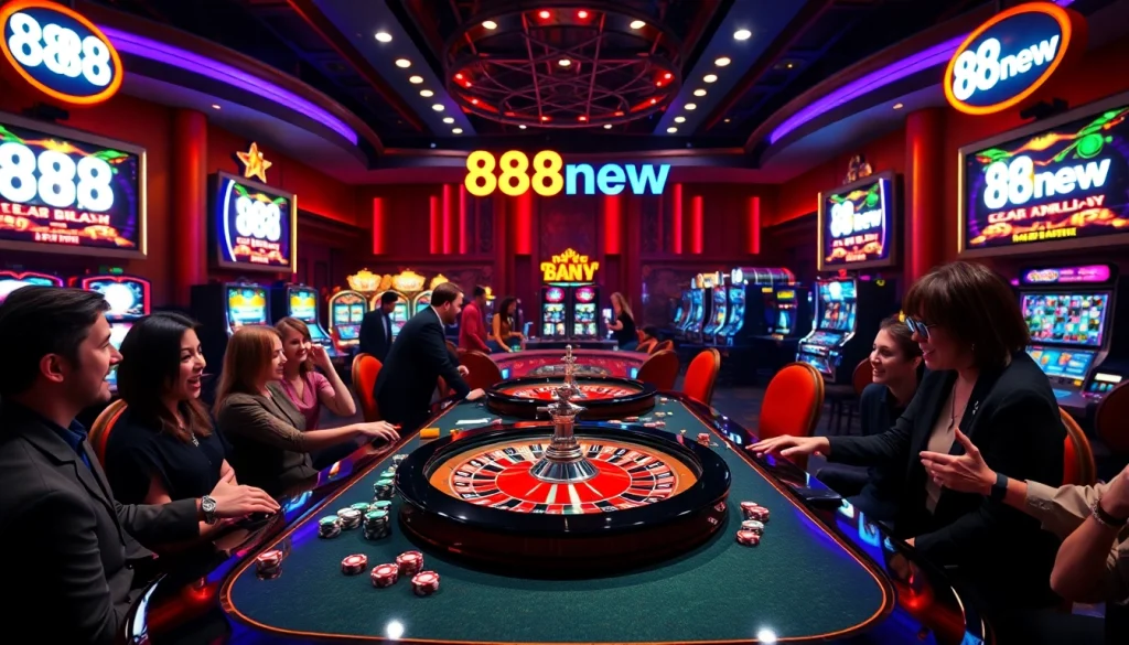 Gambers enjoying vibrant casino games at a table with "888new" showcasing excitement and strategy.