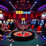 Gambers enjoying vibrant casino games at a table with "888new" showcasing excitement and strategy.