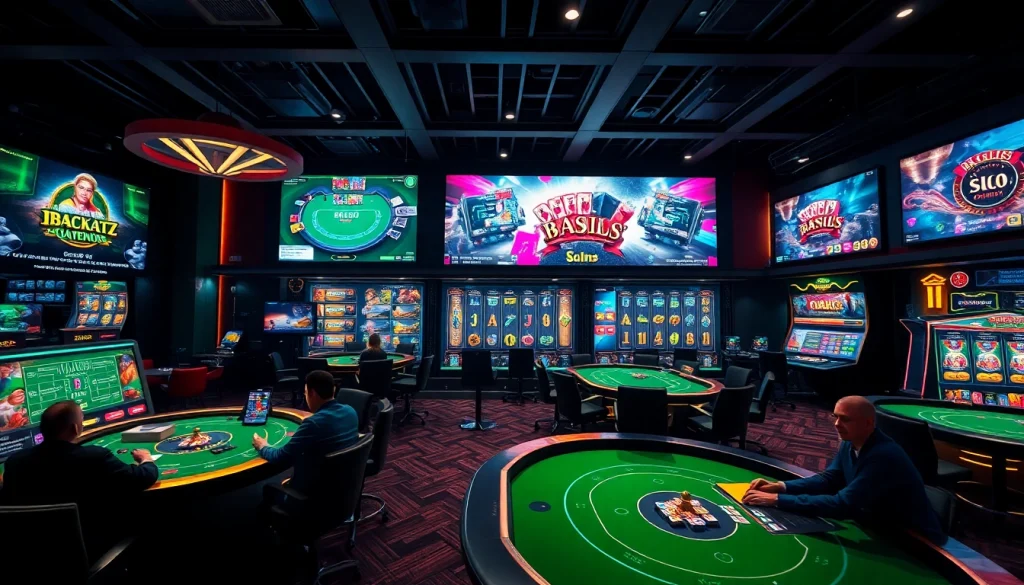 바카라에 참여하는 플레이어와 디지털 인터페이스가 있는 고급 카지노사이트의 흥미진진한 장면.