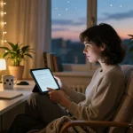 Enjoying a sex chat AI conversation in a cozy home office setting, featuring a relaxed atmosphere and intimate lighting.