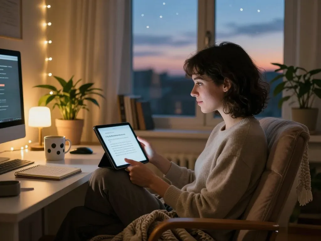 Enjoying a sex chat AI conversation in a cozy home office setting, featuring a relaxed atmosphere and intimate lighting.