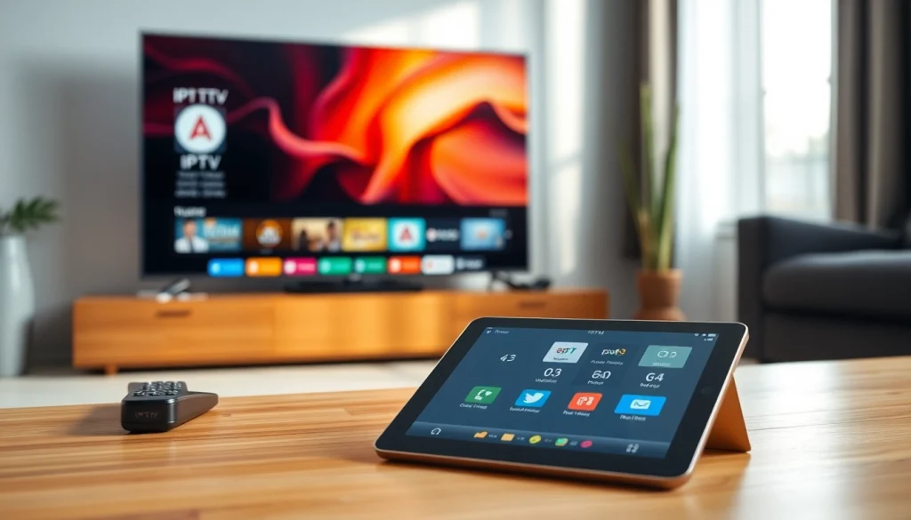 View of IPTV m3u interface on a modern TV with a sleek remote control and apps.