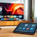 View of IPTV m3u interface on a modern TV with a sleek remote control and apps.