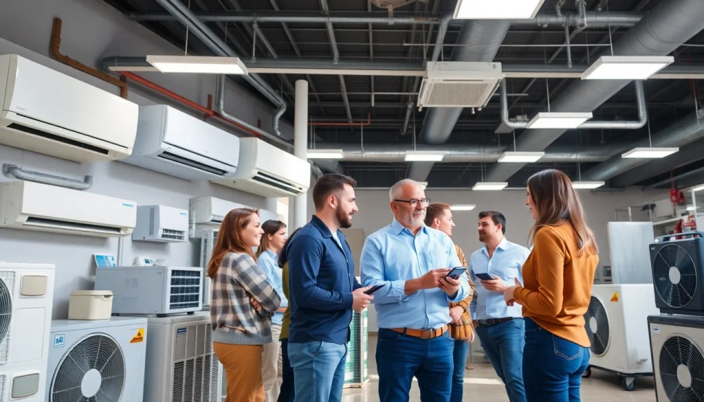Engaged HVAC dealers assisting clients in a bright, modern showroom setting.
