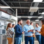Engaged HVAC dealers assisting clients in a bright, modern showroom setting.
