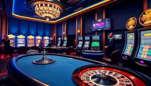 Une scène dynamique montrant la meilleure expérience de casino en ligne avec des joueurs s'adonnant au poker et à la roulette, reflétant "meilleur casino en ligne."