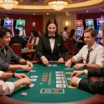 33CC players engaged in exciting blackjack strategy at a vibrant casino table with a professional dealer managing the game.