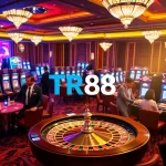 Players enjoying the TR88 casino experience at festive roulette and poker tables.