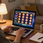 Engaged player spinning the reels on slot bandar99 in a cozy home gaming setup.