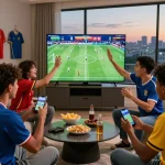 Friends enjoying live sports betting with Nowgoal scores, excited atmosphere.