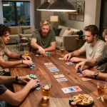 Exciting round of poker with friends at home featuring SHBET gaming strategies in action