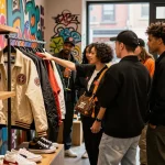 Group of friends exploring a trendy 레플리카 streetwear store in an urban setting, showcasing vibrant fashion styles and joyful interactions.