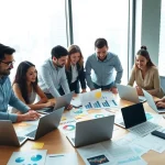 Analyze pr websites strategies with a vibrant marketing team collaborating.