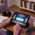 Kuwin player engaging in poker strategy at home using tablet for online casino gaming setup.