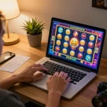 Player engaging with a slot bet 200 online in a cozy home office, laptop screen displaying vibrant slot reels.