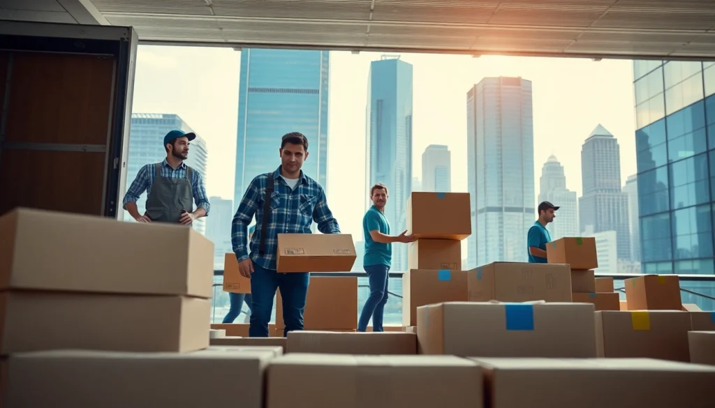 Engaged professional movers from a moving company Canada handling boxes efficiently.