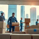 Engaged professional movers from a moving company Canada handling boxes efficiently.