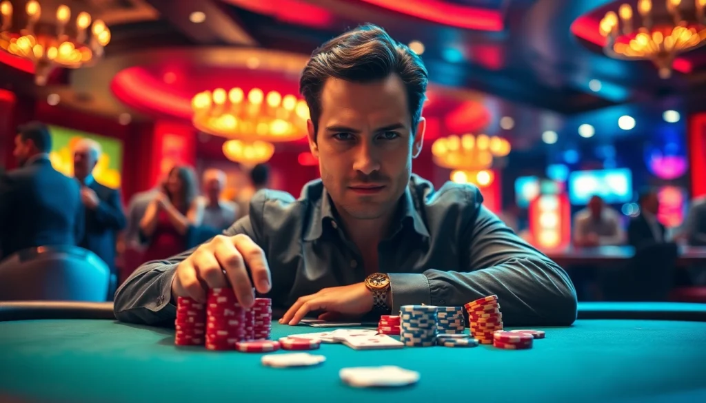 Bermain idn poker di meja kasino dengan suasana mewah dan pemain konsentrasi penuh.