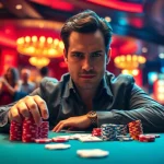 Bermain idn poker di meja kasino dengan suasana mewah dan pemain konsentrasi penuh.