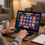 Engaging in online เว็บตรงสล็อต gaming action with vibrant slot interface in a cozy setting.