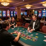 Kaisar888 players engaging in strategic gambling at a lively casino with roulette and blackjack tables.