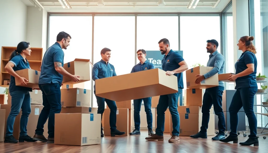 Business movers efficiently relocating an office environment with teamwork.