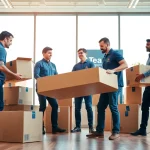 Business movers efficiently relocating an office environment with teamwork.