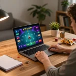 F8BET player engaging in online poker gameplay at home with strategy notes and cozy setup