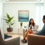 Psychiatrist Dubai conversing with a patient in a modern, tranquil office setting.