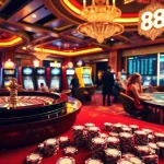 Players enjoying a dynamic game at new88 casino with roulette and poker tables.