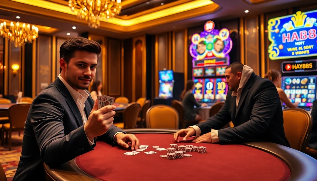 Players enjoying a high-stakes poker game at Hay88’s luxurious casino setting.