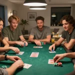 Players engaging in a friendly poker game at home, showcasing strategic gameplay and camaraderie at BL555.