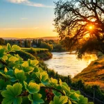 Explore the serene vineyards and riverbanks of Clarksburg California at sunset.