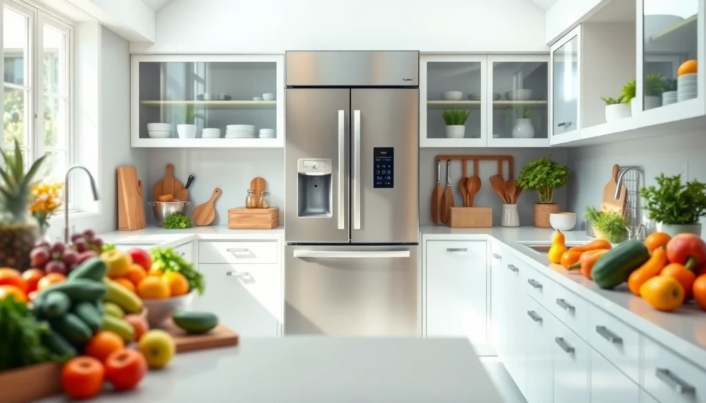 Modern Refrigerator in a bright kitchen setting, with fresh produce displayed prominently.