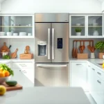 Modern Refrigerator in a bright kitchen setting, with fresh produce displayed prominently.