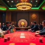 Players engaging in a high-stakes poker game at a vibrant casino table featuring rebahin themed decor.
