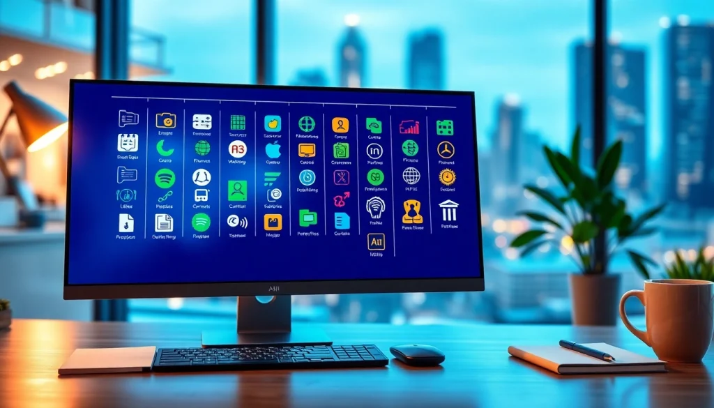 Showcasing features of an ai tool marketplace with vibrant virtual tools and a modern workspace.