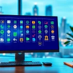 Showcasing features of an ai tool marketplace with vibrant virtual tools and a modern workspace.