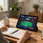 Player engaging with 559X online casino on tablet, showcasing a cozy gaming environment