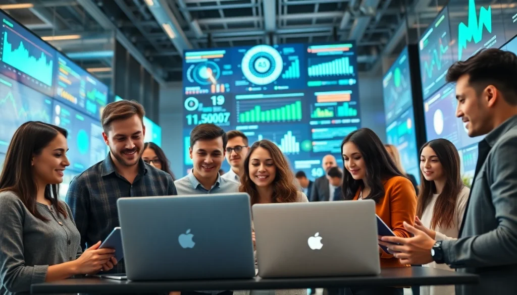 Collaborators in the ai tool marketplace discussing innovative solutions among digital displays.
