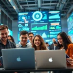 Collaborators in the ai tool marketplace discussing innovative solutions among digital displays.
